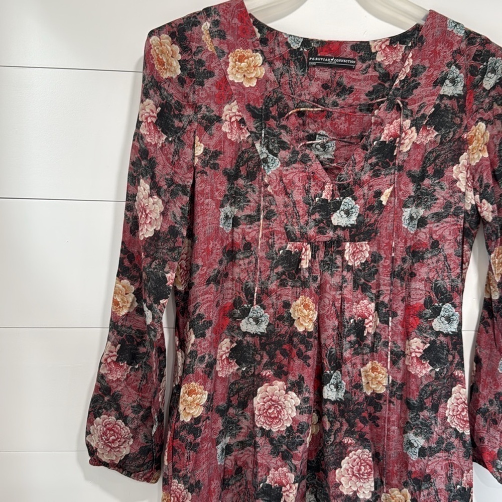 Peruvianan Connection Red Black Floral Lace Up Babydoll Dress Long Sleeve Small - Picture 3 of 8